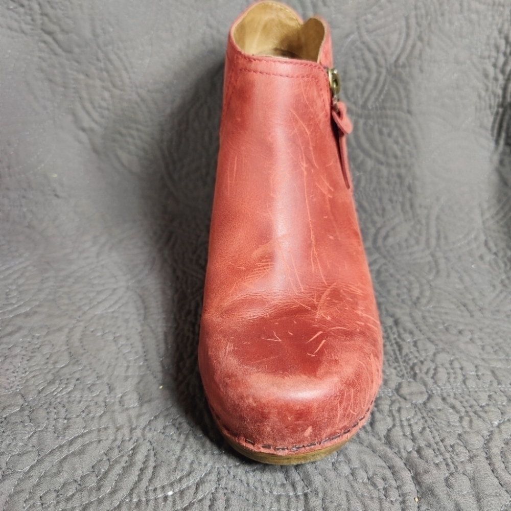 Dansko Max Block Heel Zip Distressed Rust Burgundy Leather Ankle Wedge 6.5-7 - Picture 6 of 13